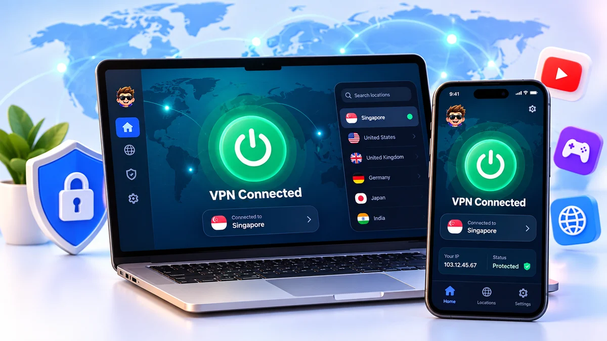Free VPN app connected on a laptop and a mobile phone